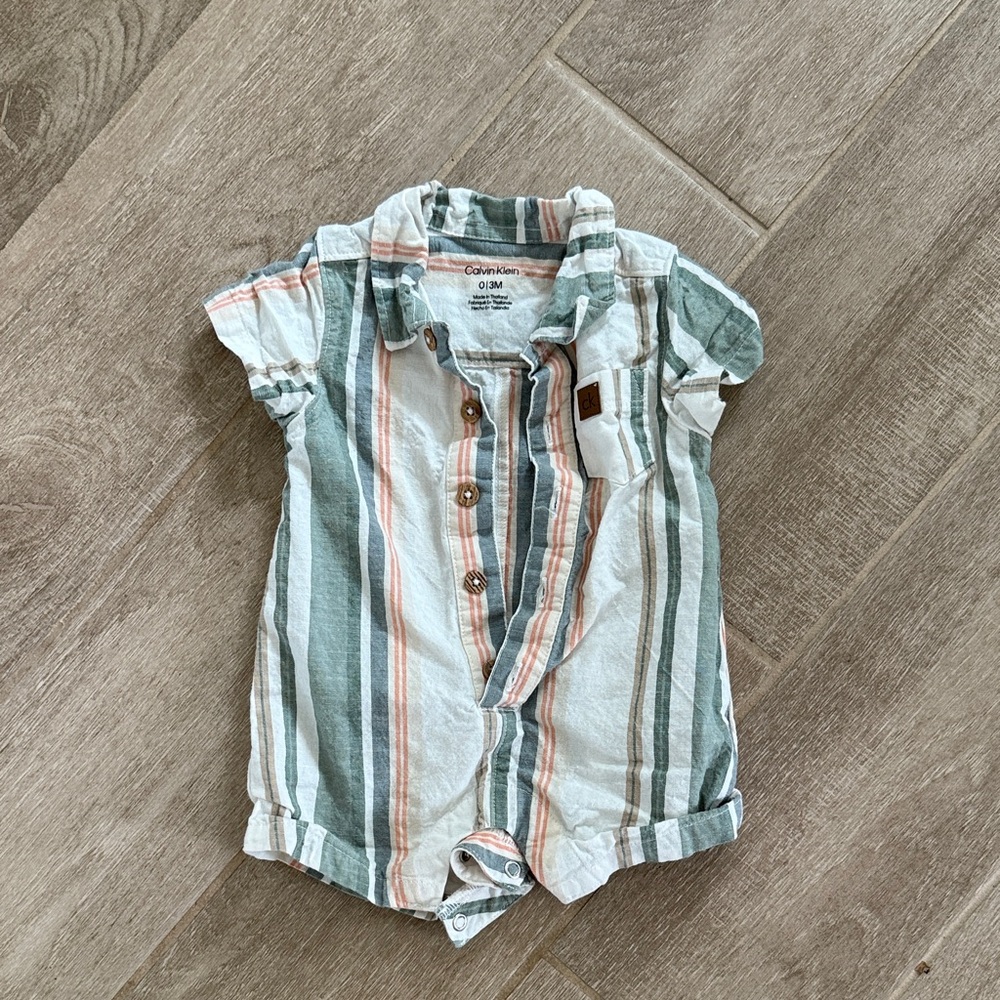 Calvin Klein Striped Button Down Shirt - Green, White, and Orange